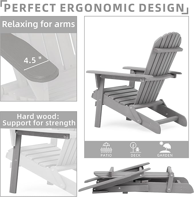 Outdoor Wooden Folding Adirondack Chair Set of 4 with Pre-Assembled BackRest, Wood Patio Chair for Garden Backyard Porch Pool Deck Firepit