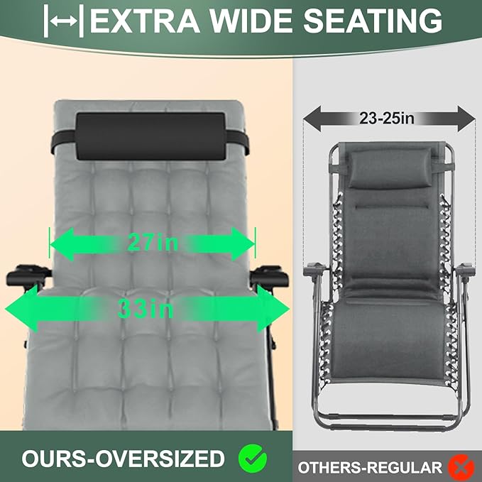 XXL Zero Gravity Lounge Chair 33", Oversized Padded Folding Recliner for Patio with Storage Bag, Removable Cushion, Footrest, Full Aluminum Lock & Large Cup Holder, Supports 500 lbs, Gray