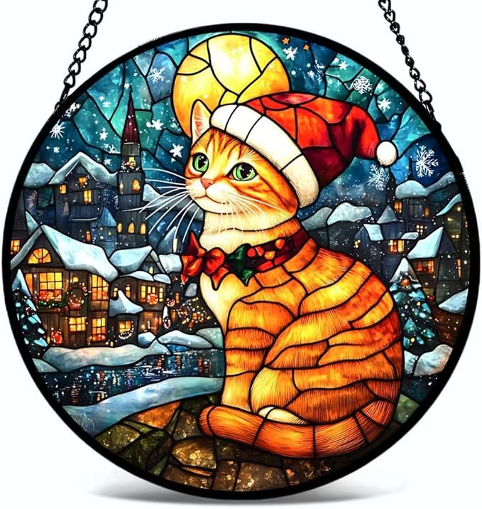 Stained Glass Window Hanging - Bright Moon and Ginger Cat Snowy Night Suncatcher fof Garden Home Decor for Women Mon Grandma Friends