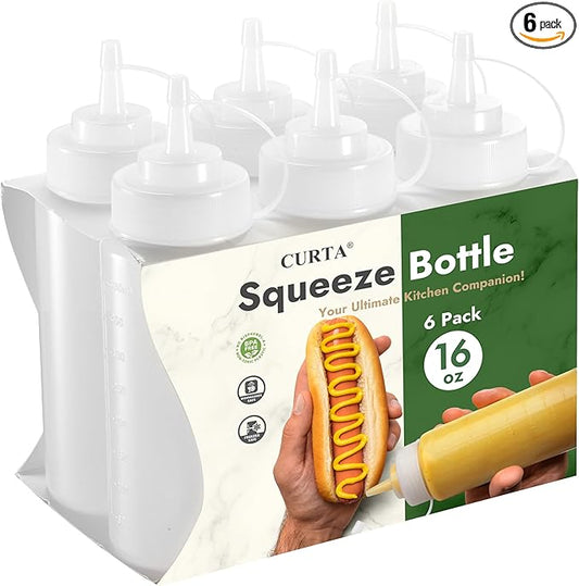 CURTA 6-Pack 16 oz Clear Squeeze Bottle with Cap, BPA-Free Easy-to-Squeeze Plastic Condiment Dispenser with oz & ml Markings for Sauce, Oil, Dressing, Dishwasher Safe, White