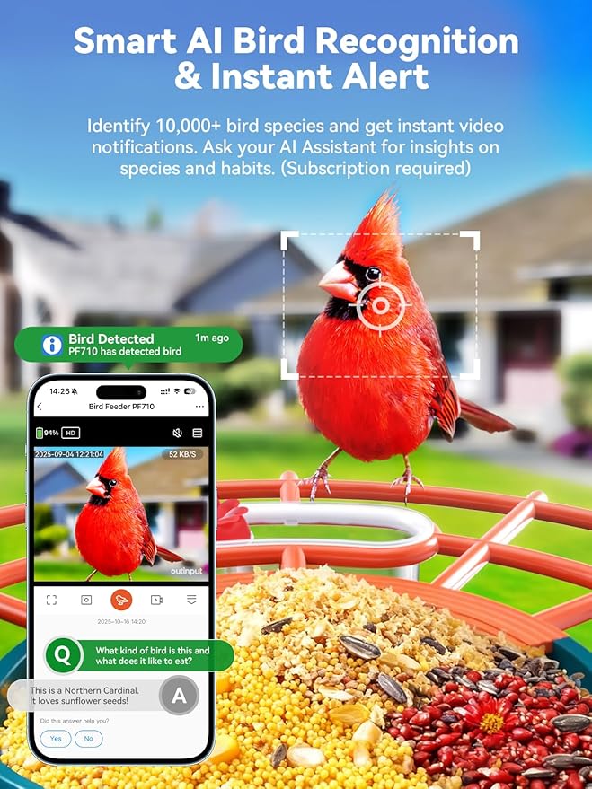 2.5K Smart Bird Feeder with Camera Solar Powered, AI Bird Species Identification, Auto Squirrel Deterrent, Real-Time Video Notifications, Weatherproof, Ideal Gift for Family and BirdLovers, Navy Blue