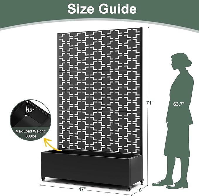 Metal Large Planter Box with Trellis Privacy Screen, Outdoor Raised Garden Beds with Wheels for Climbing Plants Vines, Outdoor Standing Flower Beds with Drainage Holes (47"L, Black Square)