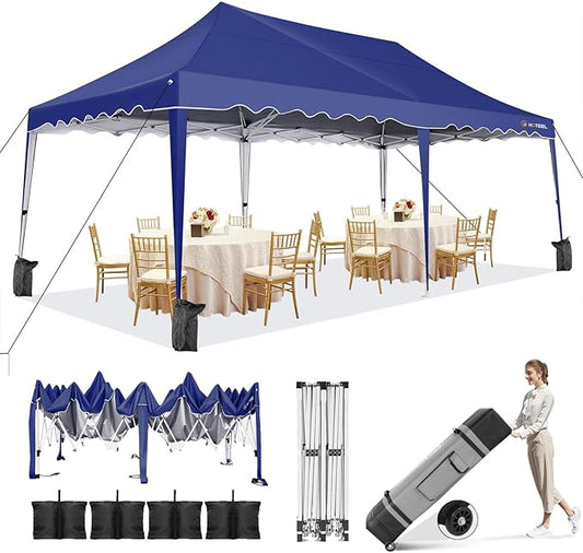HOTEEL 10x20 Pop Up Canopy Tent, Waterproof Outdoor Shelter with Wheeled Bag & 4 Sandbags, Easy Setup for Backyard Parties, Weddings, Events, and Vendor Use, Navy