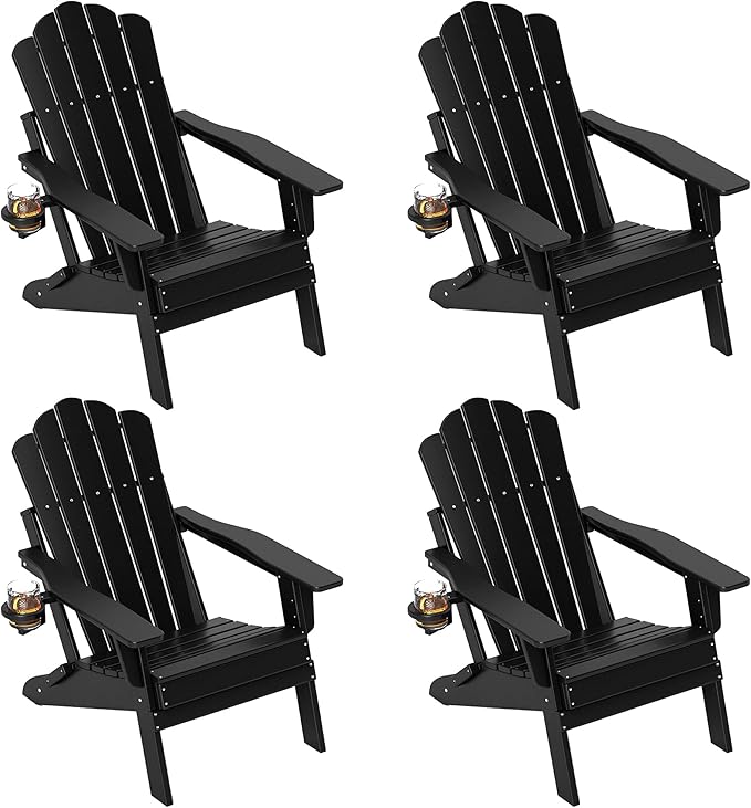 FOOWIN Adjustable Adirondack Chair, Folding Adirondack Chair with Cup Holder, HDPE All-Weather Fire Pit Chair with 3 Recline Positions, Suitable for Patio, Garden, Backyard, Poolside, Grey