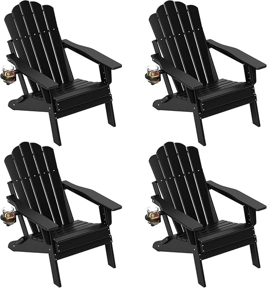 FOOWIN Adjustable Adirondack Chair, Folding Adirondack Chair with Cup Holder, HDPE All-Weather Fire Pit Chair with 3 Recline Positions, Suitable for Patio, Garden, Backyard, Poolside, Grey