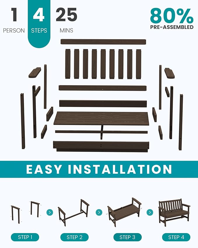 SERWALL Outdoor Bench, HDPE Outdoor Benches Weatherproof, 2-Person Garden Bench with 660 lbs Weight Capacity, Patio Benches for Outdoors, Garden, Porch, Backyard and Park, Coffee