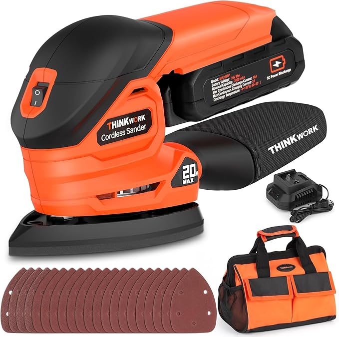 THINKWORK Cordless Detail Sander - 20V/2.0 Ah Battery Sander, 12000 RPM Electric Palm Sander with Dust Collection System for Sanding Tight Spaces on Wood Surfaces, Included 21 Sandpapers
