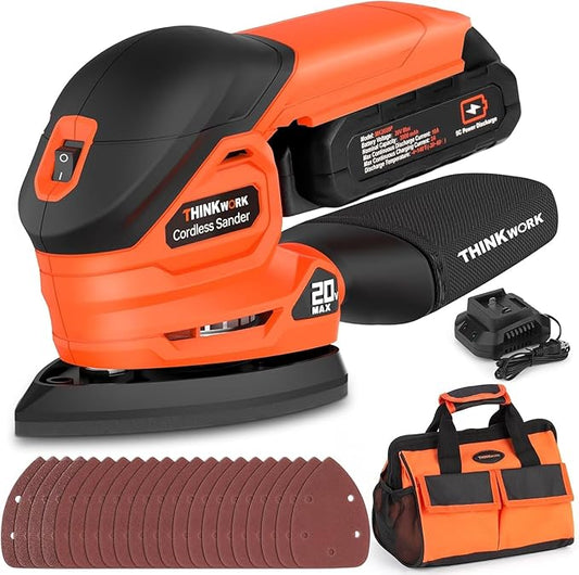 THINKWORK Cordless Detail Sander - 20V/2.0 Ah Battery Sander, 12000 RPM Electric Palm Sander with Dust Collection System for Sanding Tight Spaces on Wood Surfaces, Included 21 Sandpapers