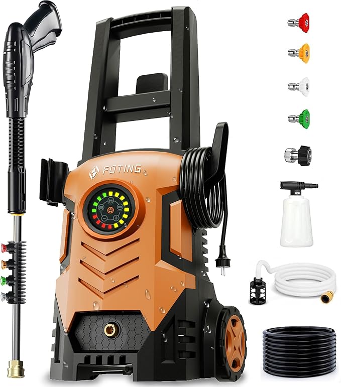 FOTING Pressure Washer with Adjustable Touch Screen 8 Level, 4 Quick Connect Nozzles,Inlet Hose&Filter&Foam Cannon for Cars/Fences/Driveways/Home Cleaning,Red