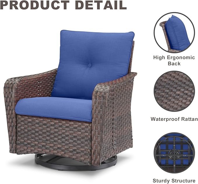 Rilyson Outdoor Patio Swivel Rocker Chairs - 3 PC Wicker Patio Bistro Sets with High Back,Comfy Cushions, Deep Seating and Side Table for Porch Deck Backyard Garden(Brown/Blue)