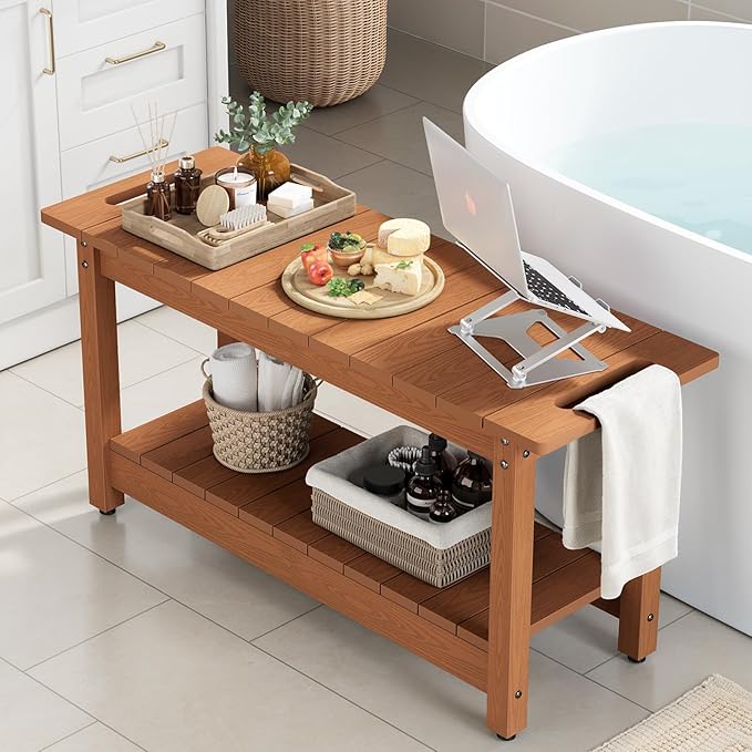 Stoog 35.5" Large Shower Bench, Waterproof Shower Stool with Storage Shelf and Handles, Adjustable and Non-Slip Feet, Shower Chair for Inside Shower, Brown