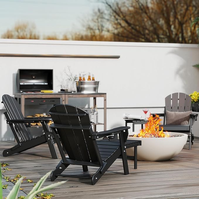 GREENVINES Adjustable Adirondack Chair with Retractable Ottoman Set of 4 | Folding | HDPE Plastic | Fire Pit Chairs w/Foot Rest | 2 Cup Holders | Black | for Outdoor Patio Poolside Deck