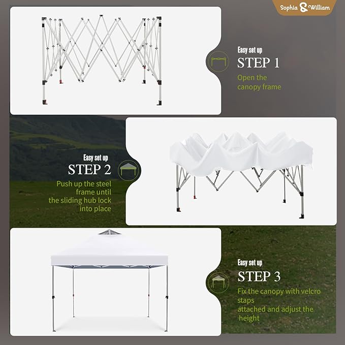 Sophia & William Canopy Tent Pop Up 10x10 ft, Outdoor Patio Portable Commercial Canopies Shelter Heavy Duty Straight Legs with Roller Bag, 8 Stakes, 4 Guy Ropes, UPF50+, White