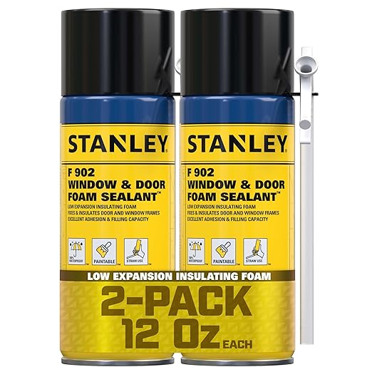 Stanley F902 Window & Door Foam Sealant (2x12 Oz.) – Low Expansion Polyurethane Insulating Spray Foam | Gaps and Cracks Filler for Window & Door Frames, Waterproof Sealant with Straw | 12 Oz. 2 Pack