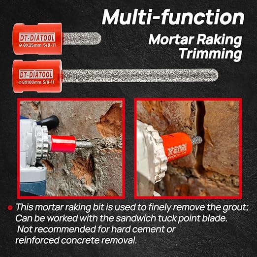 DT-DIATOOL Diamond Mortar Raking Bit for Brick Joints Stone Masonry Granite Diameter 5/16"x1" (8x25mm), 5/8 inch-11 Thread Router Bit 2pcs
