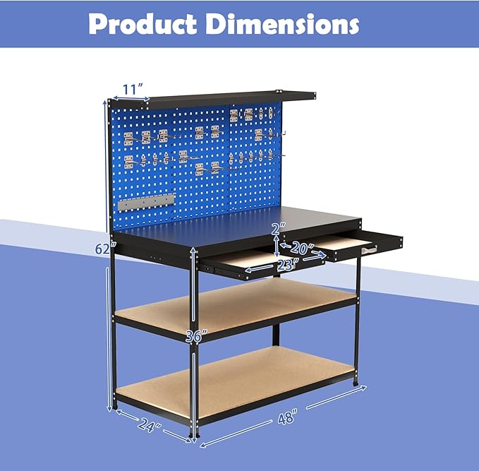 Goplus Workbench with Drawers, 48" x 24" Heavy-Duty Work Table with 3 PCS Pegboard & 4 Shelves, 24 Hanging Accessories, 506 LBS Capacity, Metal Tool Storage Work Bench for Garage, Workshop
