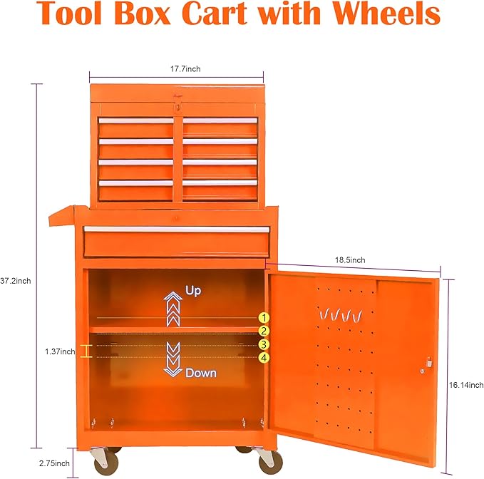 5 Drawer Rolling Tool Chest,Tool Storage Cabinet & Tool Box Cart with Wheels, Big Tools Removable Tool Box Combo,Tools Storage Boxs,Tools Case for Garage Warehouse Workshop (Orange)