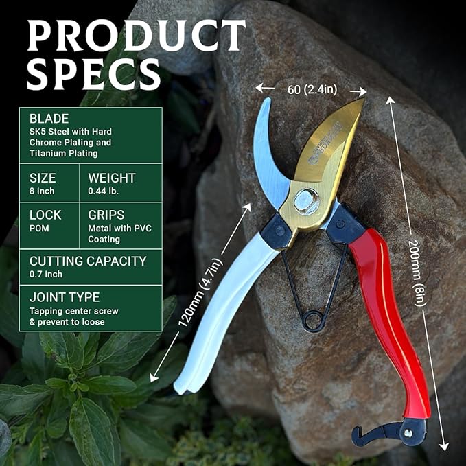 Gardeness Japanese Titanium Pruning Shears, Lightweight SK5 Bypass Garden Secateurs – Easy-Grip Hand Pruners for Women, Roses, Bonsai, Trimming & Everyday Gardening