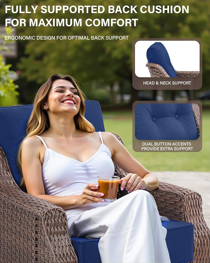 Belord 5 Piece Wicker Patio Furniture Set with Ottoman - High Back Outdoor Swivel Rocker Glider Chairs with Glass Top Side Table,28D High-Density 6" Removable Blue Cushion for Deck Porch Backyard