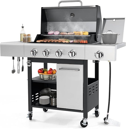 HUGROVE Propane Gas BBQ Grill with Wheels & Side Burner, 50,000 BTU Output Stainless Steel Barbecue Grill for Backyard & Outdoor Cooking Easy to Assemble (Light Gray)