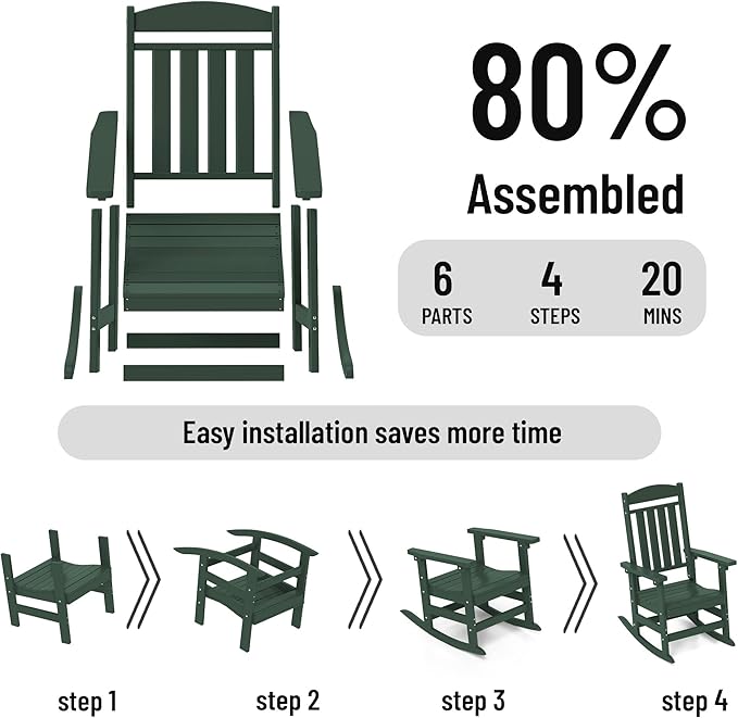 Outdoor Rocking Chairs Set of 6, Oversized High Back Patio Rocking Chairs, All Weather Porch Rocking Chairs for Outside. Dark Green