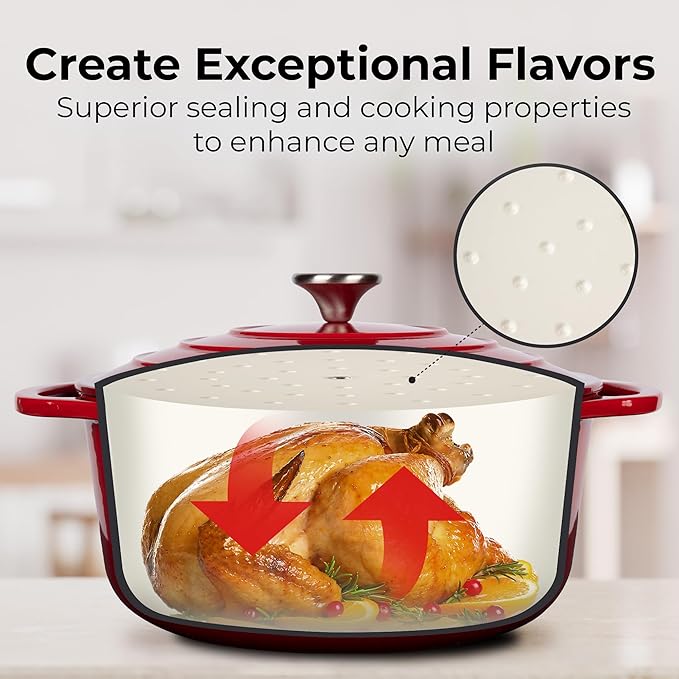 Zulay Kitchen 5 Quart Enameled Cast Iron Dutch Oven Pot with Lid – Premium Durability & Oven Safe up to 500°F – Heavy Duty Cookware Perfect for Bread Baking, Stews, Braising & Roasting – Red