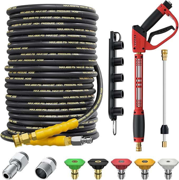 5000PSI Pressure Washer Gun and Hose Kit, 100FT Kink Resistant Steel Braided Power Washer Hose with 3/8" Swivel Quick Connector and M22 14mm Adapters Replacement/30" Extension Washer Wand