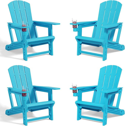 Adirondack Chair Set of 4, All Weather Plastic Adirondack Chairs, Fire Pit Chairs with Cup Holder, Outdoor Lawn Chair for Patio, Garden, Backyard, Sky Blue