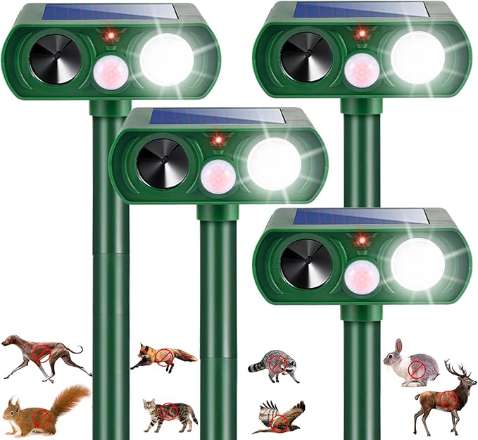 4 Pack Solar Animal Repellent Ultrasonic Outdoor Cat Repellent, Squirrel Raccoon Fortress Pro with Motion Sensor & Strobe Light, Waterproof Deer Dog Rabbit Deterrent for Garden Yard