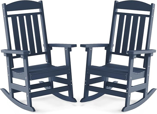 FOOWIN Outdoor Rocking Chair Set of 2, High Back Patio Rocking Chair, HDPE All Weather Resistant Porch Rocker for Adult, Oversized Rocking Chairs for Garden, Lawn, Indoor & Outdoor Use, Navy Blue