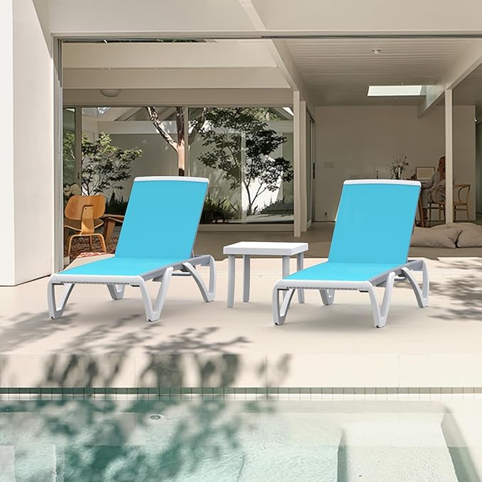 Domi Set of 4 Pool Lounge Chairs Aluminum Adjustable Outdoor Chaise Lounge,All Weather Plastic Poolside Lounge Chairs for Deck Lawn Backyard, Aqua Textilene