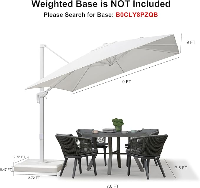 PURPLE LEAF 9 FT Patio Umbrella White Cantilever Umbrella Aluminum Square Outdoor Offset Umbrella Hanging Windproof with 360° Rotation for Garden Deck Pool, White