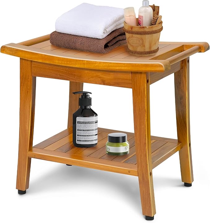 20" Premium Teak Shower Bench with Shelf & Handle, Solid Teak Shower Stool, Durable Waterproof Seat for Inside Shower, Teak Wood Bench for Bathroom, Indoor & Outdoor Use
