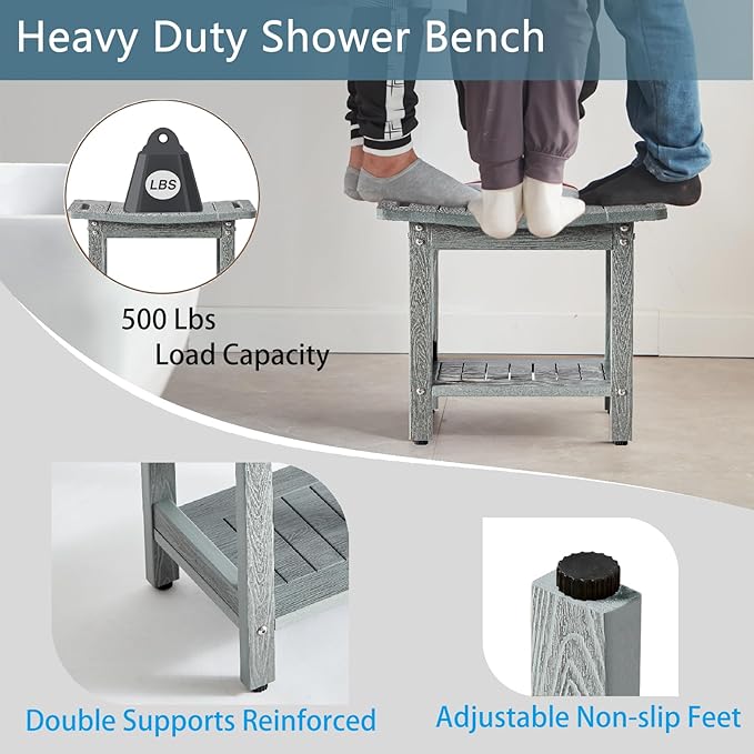 Waterproof Shower Stool for Inside Shower,Heavy Duty Bench for Shower, Plastic Bariatric Shower Bench with Handles & Shower Head Holder, Poly Lumber Shower Chair Seat with Storage Shelf (Gray)