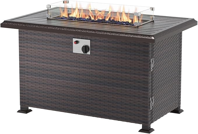 Outdoor Patio Furniture Sets with Propane Fire Pit Table, 10 Pieces Outdoor Furniture Patio Sectional Sofa Conversation Set w/ETL Approved 43" Gas Outdoor Fire Table & Coffee Table Brown.