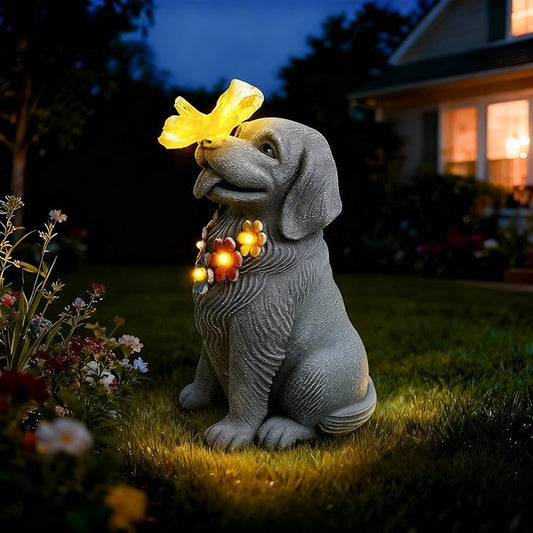 Loyal Puppy Garden Statue with Solar Butterfly Light - Adorable Dog Figurine with Flower Garland - Outdoor Decor for Patio & Pet Memorial Gift - Christmas Housewarming Birthday Gifts for Grandma Mom