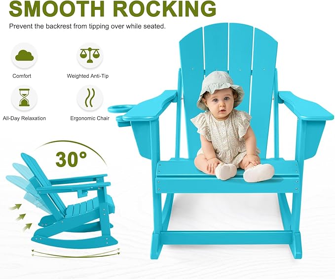 Outdoor Rocking Chair, HDPE Poly All-Weather Patio Rocking Chairs with Cup Holder for Adults, Porch Rocker for Deck Patio Balcony, 440lbs, Turquoise