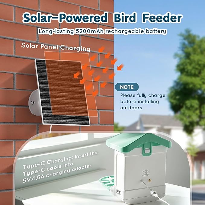 VEVOR Smart Bird Feeder with Camera, Solar Powered Bird House Camera, Wireless Outdoor Vedio Birdfeeder with AI Identify Birds, Auto Detect & Instant Notify and 2K Full HD, Ideal Gift for Bird Lover