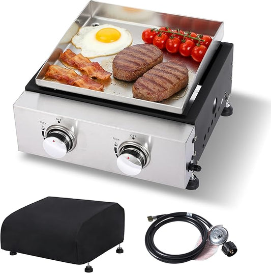Outdoor Table top Propane Griddle with Detachable Top | Ultimate Portable Outdoor Cooking Station | Includes Stainless Steel Warming Rack for Camping, Tailgating & BBQs (2 burner)