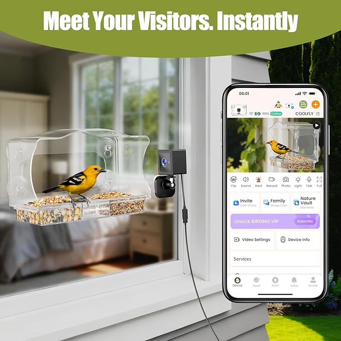 Freesason Waterproof Smart Bird Feeder Camera with AI Bird Recognition, 2K HD All-Weather Window Mount for Outdoor Viewing - The Ultimate Gift for Birds Watchers