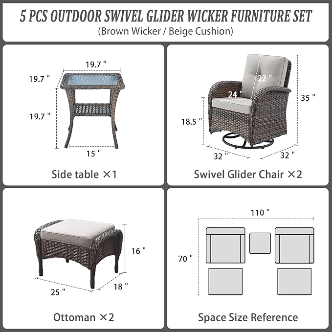 Belord Small Conversation Sets Patio Funiture - 5 Piece Outdoor Swivel Rocker Wicker Furniture Sets with Ottomans Side Table Perfect for Patio Deck Backyard, Brown Wicker Beige Cushion