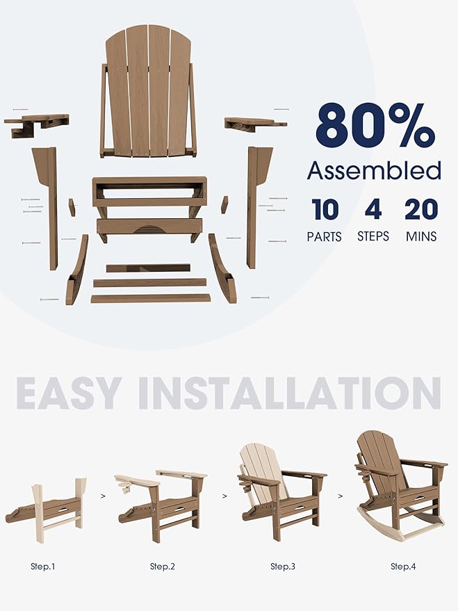 KINGYES Adirondack Rocking Chair with Retractable Ottoman and Cup Holders, HDPE Adirondack Rocker Patio Rocking Chair for Porch, Patio, Balcony, Brown