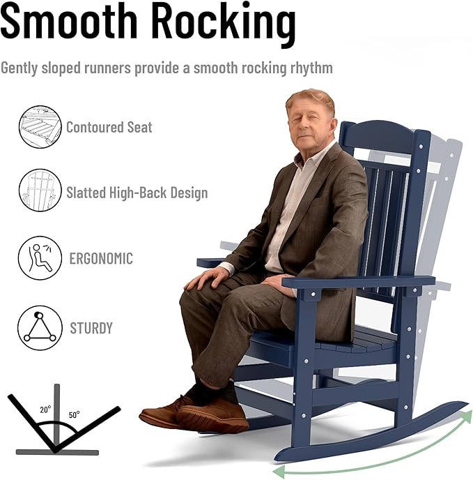 Outdoor Rocking Chairs Set of 6, Oversized High Back Patio Rocking Chairs, All Weather Porch Rocking Chairs for Outside. Navy Blue