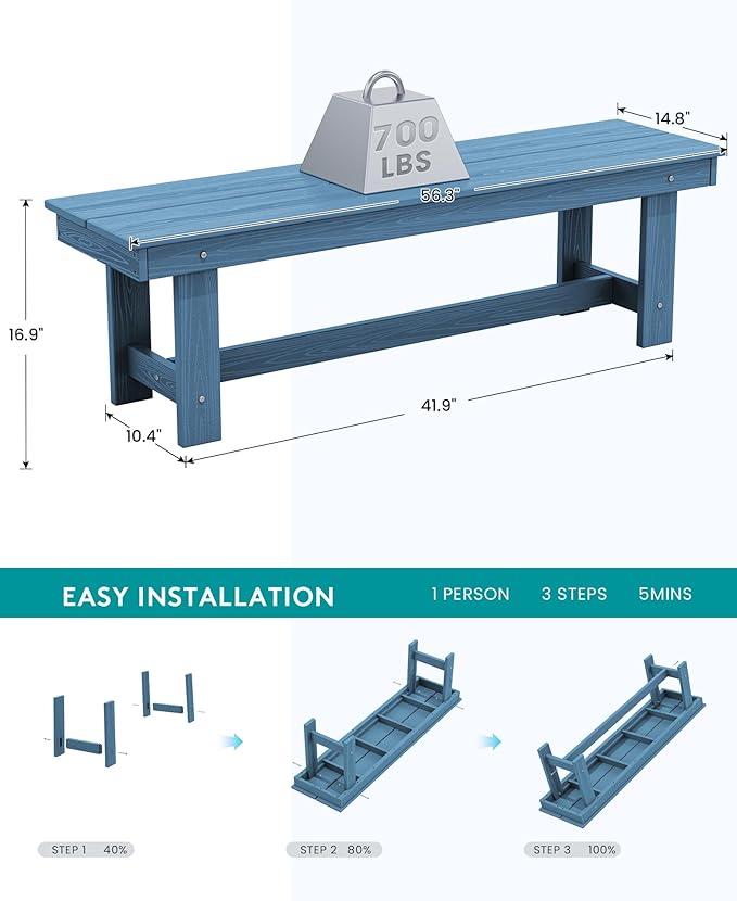 SERWALL Outdoor Dining Set for 6, HDPE Outdoor Furniture with Umbrella Hole & 1 Cushioned Bench & 4 Outdoor Dining Chairs, Blue