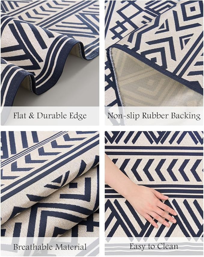 Outdoor Rug Carpet 9X12 ft, Flatweave Textured Outdoor Patio Rug Non Slip Indoor Outdoor Rugs with Rubber Particles Backing Boho Outdoor Area Rug for Patio Deck Front Porch Backyard Balcony, Navy