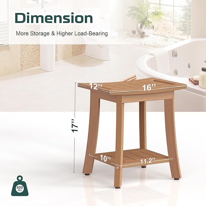 HIPS Shower Benches for Inside Shower, Waterproof Shower Stool with Storage Shelf & Adjustable Feet, SPA Bathroom Seat Chair for Shaving Legs, Indoor or Outdoor Use, Teak Brown