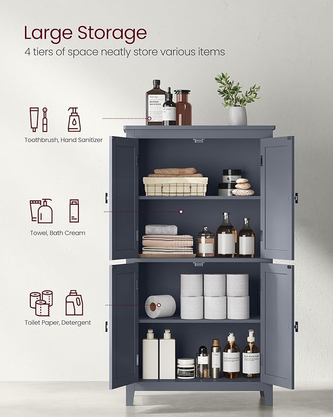 VASAGLE Floor Storage Cabinet, Freestanding Storage Unit with 4 Doors, Adjustable Shelves, 11.8 x 23.6 x 43.3 Inches, for Entryway, Bathroom, Slate Gray UBBC552G01