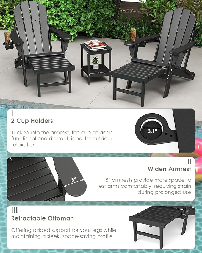 GREENVINES Adjustable Adirondack Chair with Retractable Ottoman Set of 4 | Folding | HDPE Plastic | Fire Pit Chairs w/Foot Rest | 2 Cup Holders | Black | for Outdoor Patio Poolside Deck