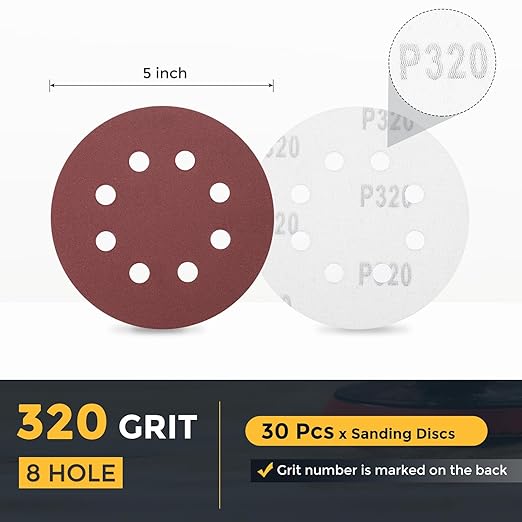 HARFINGTON 30 Pcs 5 Inch Sanding Discs, 320 Grit Hook and Loop Sandpaper, 8-Hole Aluminum Oxide Orbital Sander Sandpaper for Woodworking Automotive Metal Polishing, Red