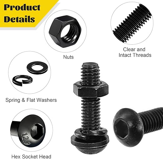 560PCS M6 Hex Socket Button Head Bolt Assortment Kit, M6-1.0x10/12/14/16/20/25/30/35 mm Button Head Cap Bolts Nuts Washers Screws Assorted Set, Grade 12.9 Alloy Steel Black Zinc Plated